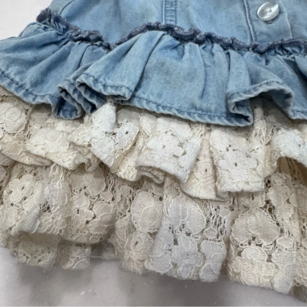 Guess toddler girls denim dress with lace ruffles size 2 belt, 100% cotton